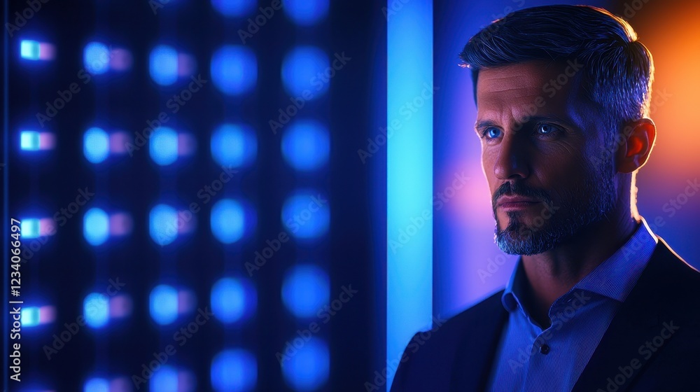 Fototapeta premium Serious man in front of glowing neon lights