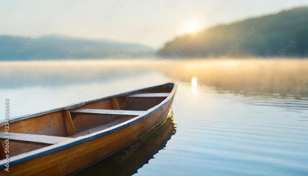 Empty Wooden Rowboat Resting on a Misty Lake at Dawn Empty Wooden Rowboat Resting on a Misty Lake at Dawn