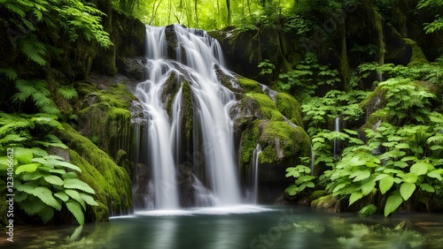 Serene waterfall cascading over moss-covered rocks into a tranquil pool, surrounded by lush green foliage in a tranquil forest.