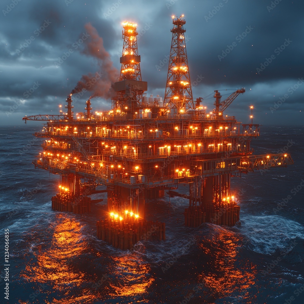 Obraz premium Offshore Oil Rig: Night Operations at Sea