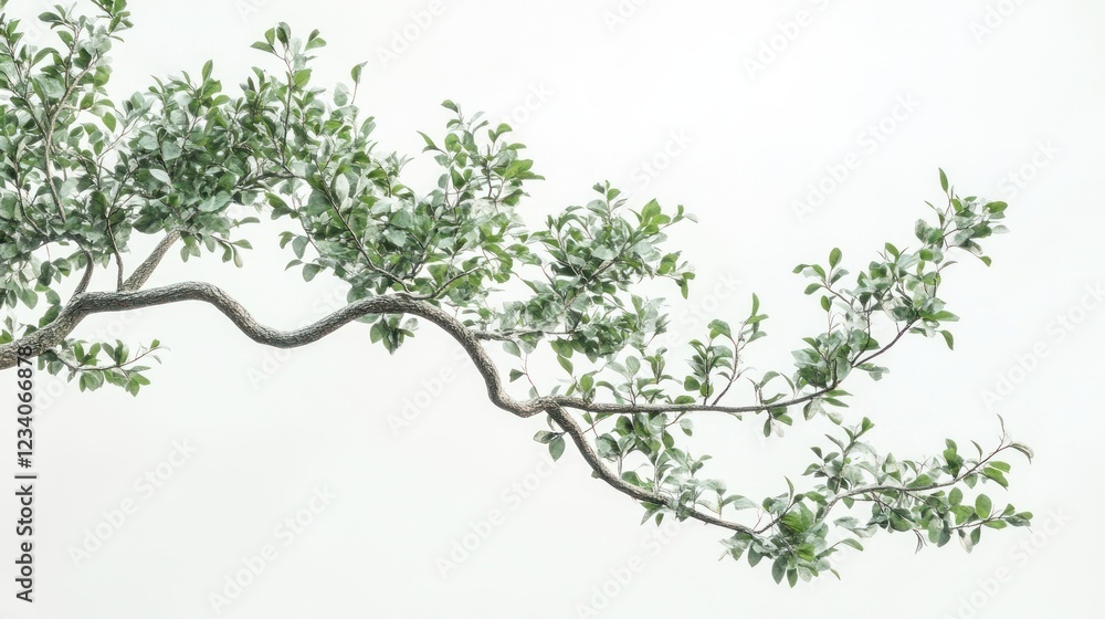 Serene tree branch, leaves, white background, nature, design Serene tree branch, leaves, white background, nature, design