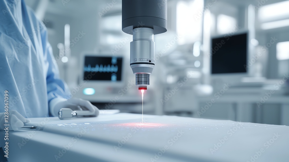 Close-up of advanced medical laser equipment in modern laboratory setting. Close-up of advanced medical laser equipment in modern laboratory setting.