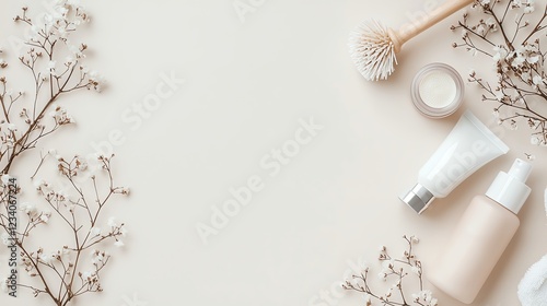 Minimalist skincare setup with cosmetics and natural decor on a beige background, ideal for beauty themes. photo