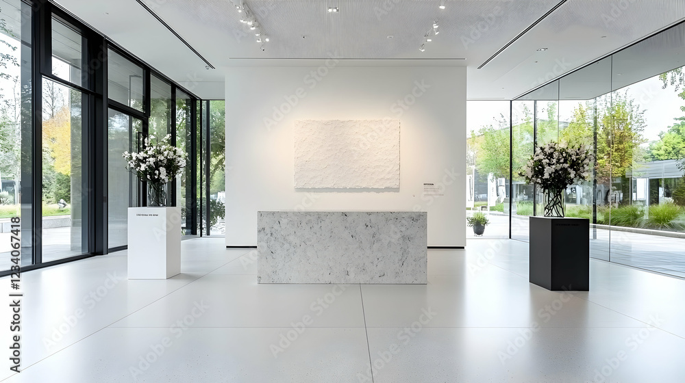 Fototapeta premium Minimalist marble reception desk stands in a bright modern office lobby with glass walls and floral arrangements during the day.