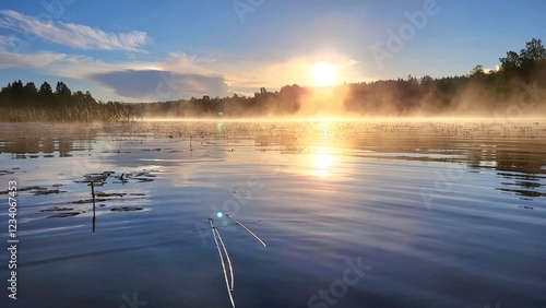 Serenity of a misty sunrise over a tranquil lake setting in early morning