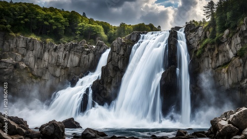 Majestic waterfall cascading down rocky cliffs, surrounded by lush green forest under a dramatic sky.
