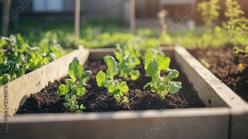 Raised garden bed, young plants, backyard, sunlight, gardening