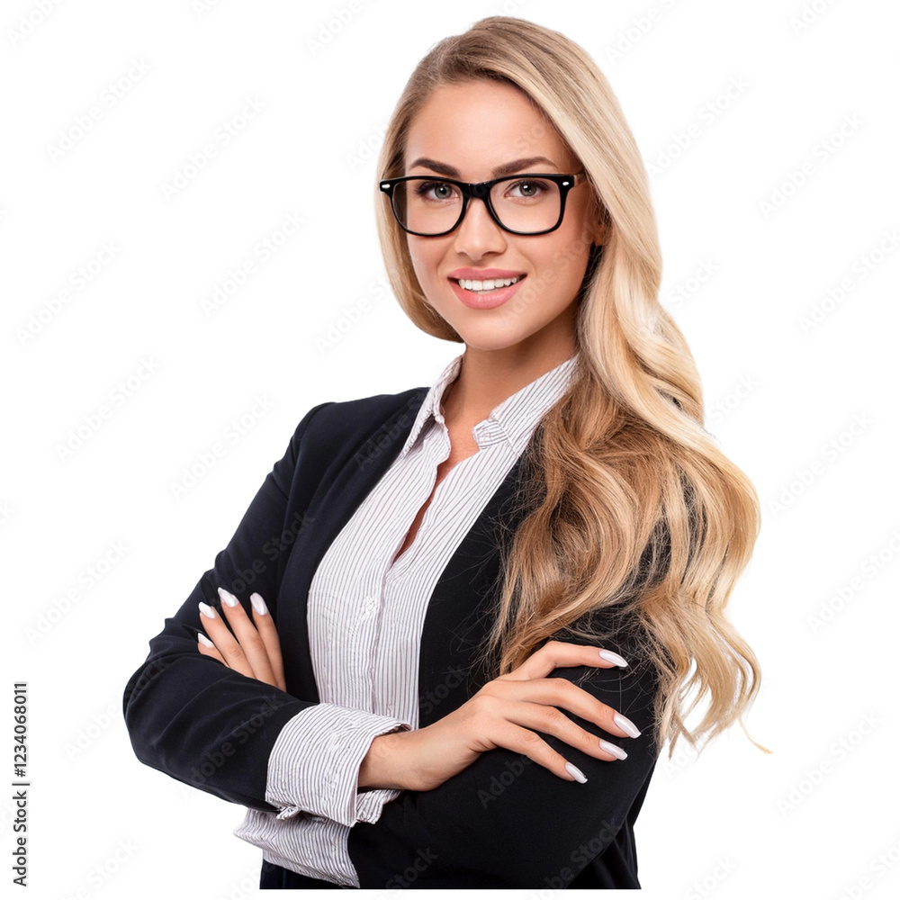 Blonde long haired female CEO crossing her arms smiling at camera on white or transparent background Blonde long haired female CEO crossing her arms smiling at camera on white or transparent background