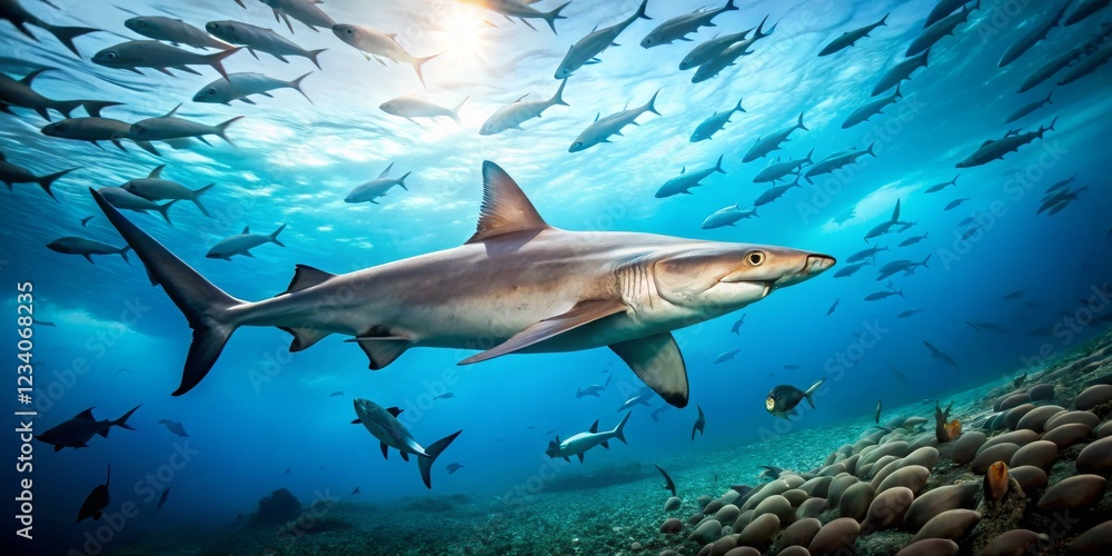 Obraz premium Underwater Scene with Shark Swimming Among School of Fish