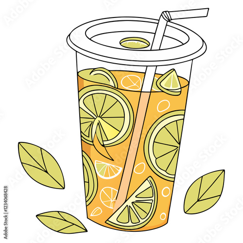 Shaken Lemon Tea with Fresh Lemon Slices in Plastic Cup. Perfect for: Summer, Tea Shops, Outdoor Picnics, Casual Cafés