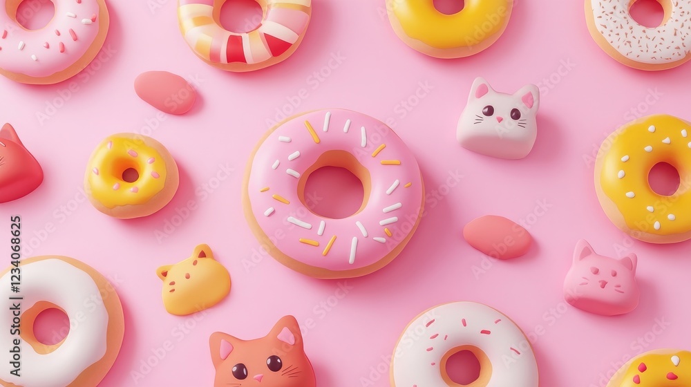 Cute Cat Seamless Pattern with Donuts and Paw Prints 3d animation Cute Cat Seamless Pattern with Donuts and Paw Prints 3d animation