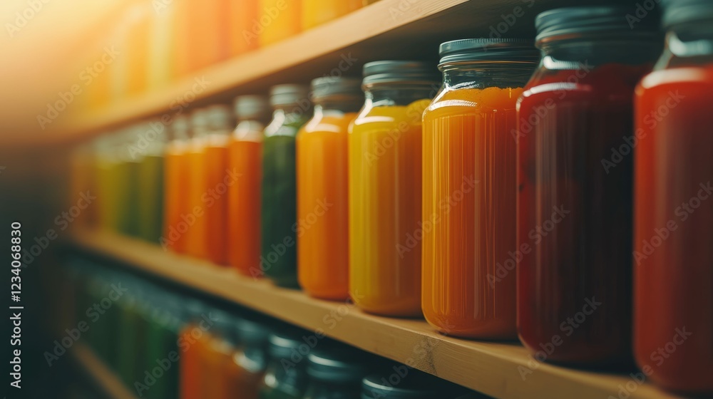 Vibrant rows of colorful jars filled with fresh juices in sunlit pantry Vibrant rows of colorful jars filled with fresh juices in sunlit pantry