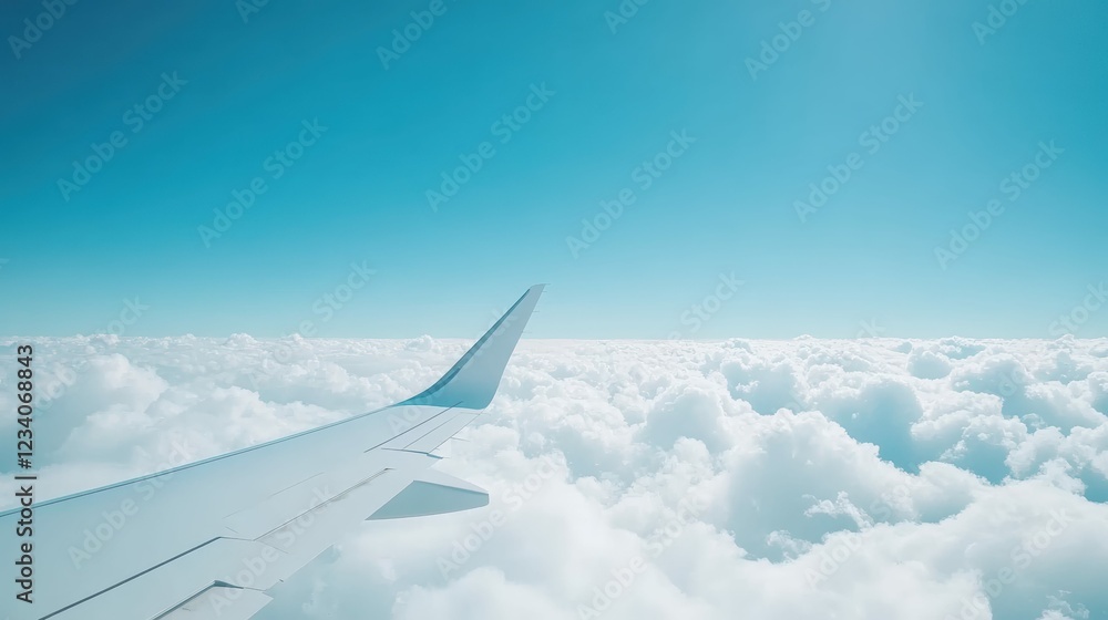 Fototapeta premium Airplane wing above clouds against clear sky, perfect travel and adventure concept
