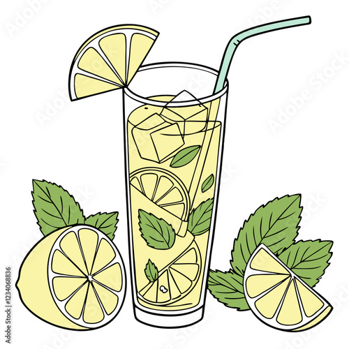 Lemon Mint Iced Tea with Yellow-Green Gradient in Tall Glass. Perfect for: Summer, Tea Lounges, Outdoor Brunches, Spa Menus