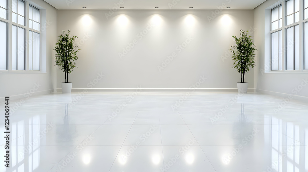 Fototapeta premium Empty bright room, plants, windows, spotless floor, interior design
