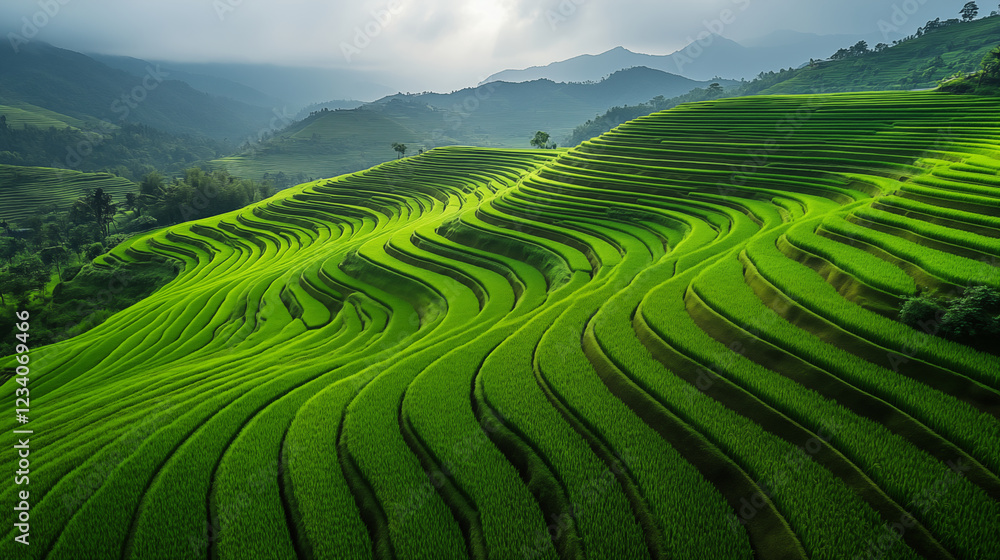 Fototapeta premium Terraced rice fields creating geometric patterns across mountain landscape, showcasing sustainable agriculture and traditional farming methods in Asian countryside