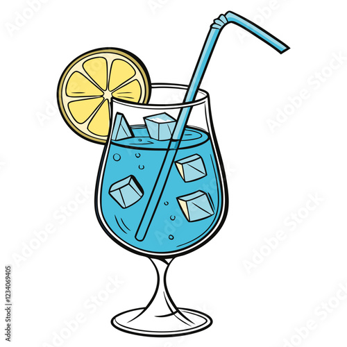 Blue Curaçao Cocktail with Lemon Garnish in Transparent Glass. Perfect for: Summer, Beach parties, Nightclubs, Cocktail bars
