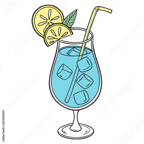 Blue Curaçao Cocktail with Lemon Garnish in Transparent Glass. Perfect for: Summer, Beach parties, Nightclubs, Cocktail bars