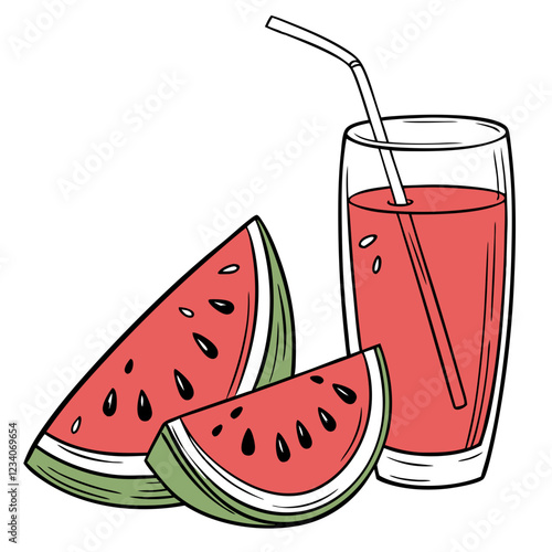 Watermelon Juice Illustration with Fresh Slices in Glass. Perfect for: Summer, Outdoor picnics, Healthy drinks, Juice bars