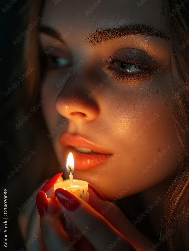 Fototapeta premium Woman holding a candle while softly illuminated in warm light