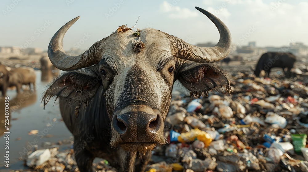 Naklejka premium Close-Up of a Buffalo Amidst Garbage in a Polluted Environment Captured with a Wide Angle Lens