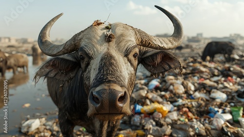 Close-Up of a Buffalo Amidst Garbage in a Polluted Environment Captured with a Wide Angle Lens