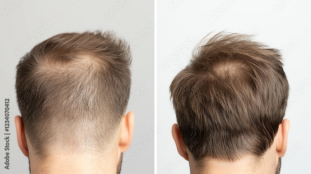 Obraz premium Comparison of male hair: before and after hair restoration treatment for thinning hair.