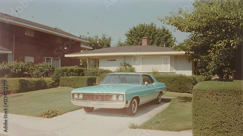 Turquoise classic car parked on suburban driveway