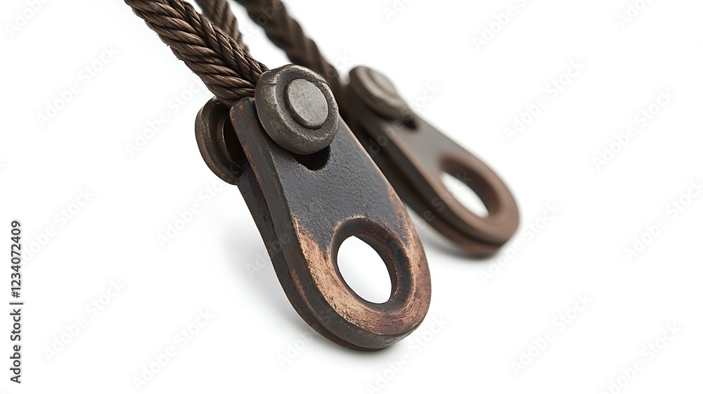 A close-up of a mechanical pulley system with ropes and hooks, showcasing the functionality of a block and tackle, isolated on a white background A close-up of a mechanical pulley system with ropes and hooks, showcasing the functionality of a block and tackle, isolated on a white background