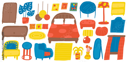 Bedroom, living room interior objects set. Cute hand drawn doodle house furniture, lamp, ceiling light, pillows, bar chair, carpet, armchair, wall picture, boudoir, dressing table, dressing table.