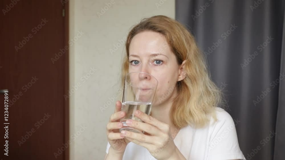 Woman drinking water at home, person indoors enjoying mineral water, freshness and health as part of daily life. Woman drinking water at home, person indoors enjoying mineral water, freshness and health as part of daily life.