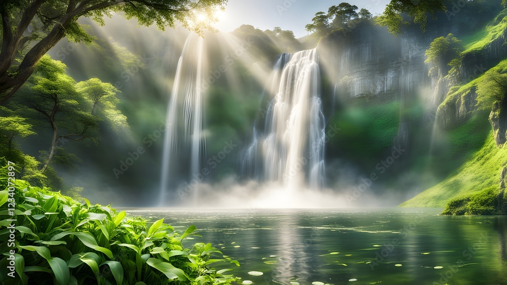 Serene waterfall cascading into a tranquil pool, bathed in sun rays filtering through lush green foliage.