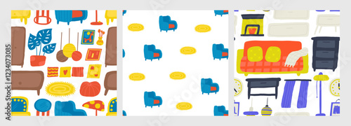 Interior seamless patterns set. Cute hand drawn doodle house furniture inside items repeatable pattern with table, clock, lamp, bedside table, sofa, fireplace, curtains, shelf, wall picture. Modern ro