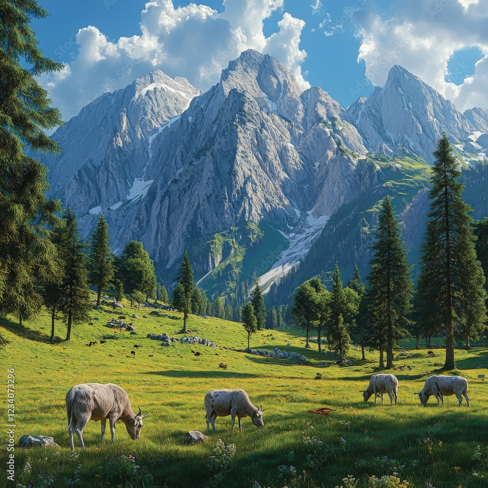Fototapeta premium Cows grazing peacefully in a lush mountain meadow
