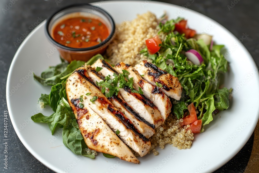 High-protein meal with grilled chicken, quinoa, and greens, top-down shot, clean presentation, healthy lifestyle aesthetic High-protein meal with grilled chicken, quinoa, and greens, top-down shot, clean presentation, healthy lifestyle aesthetic