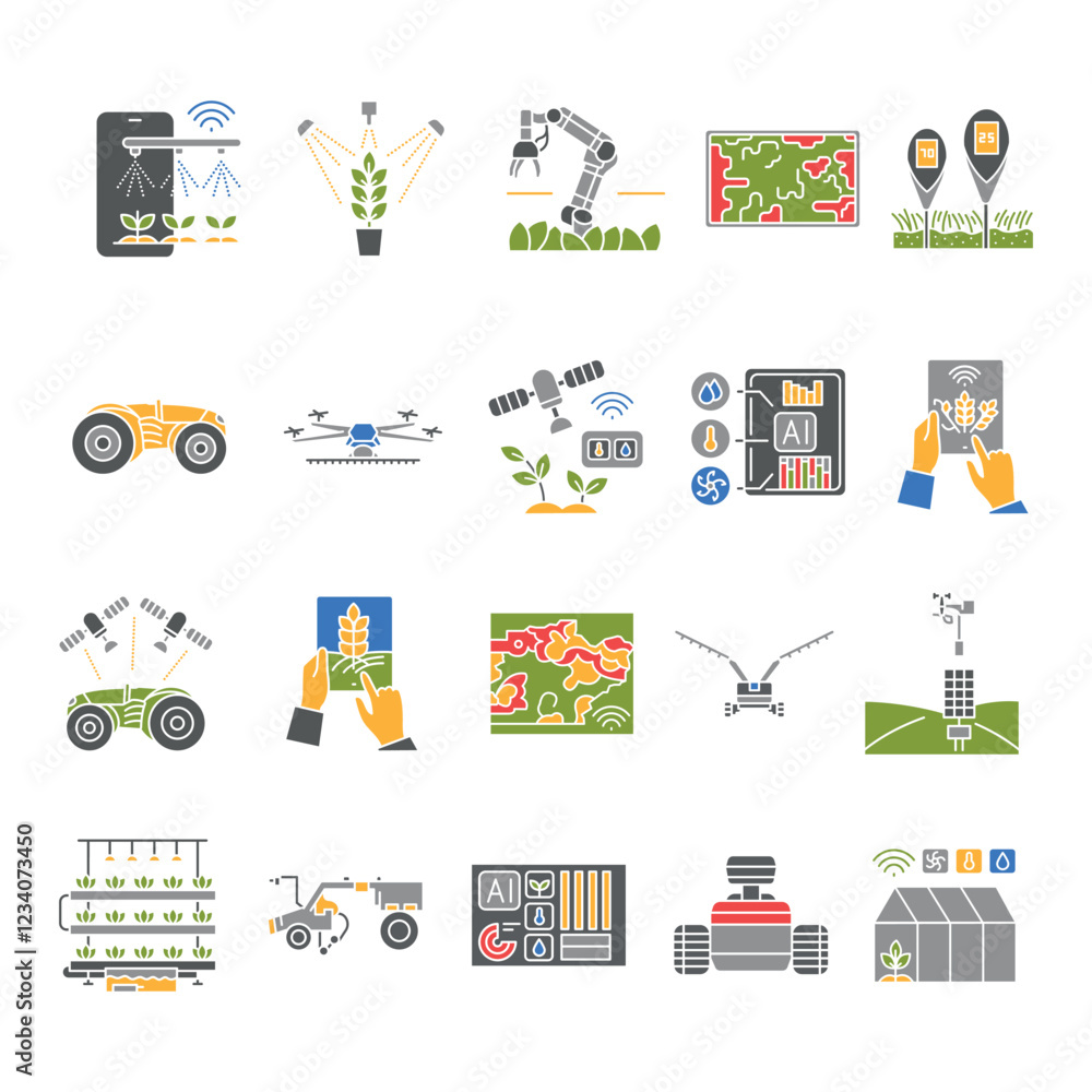 Fotografie Smart agriculture flat icons set.