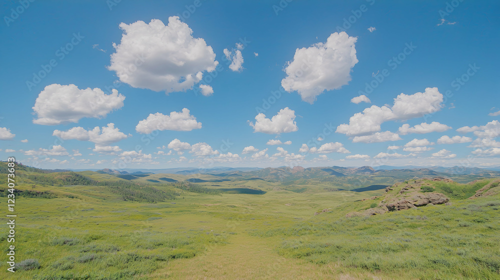 Fototapeta premium Sunny day, grassy mountain valley, blue sky, fluffy clouds, scenic landscape, travel
