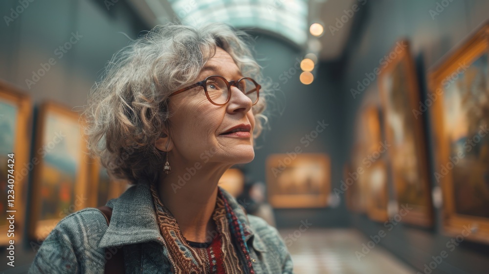 Woman with glasses looking up at paintings, portrait Woman with glasses looking up at paintings, portrait