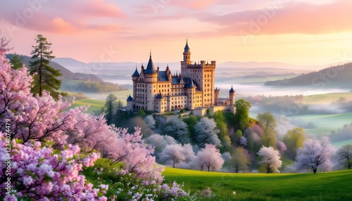 Fairytale Castle Sunrise Landscape with Blooming Trees