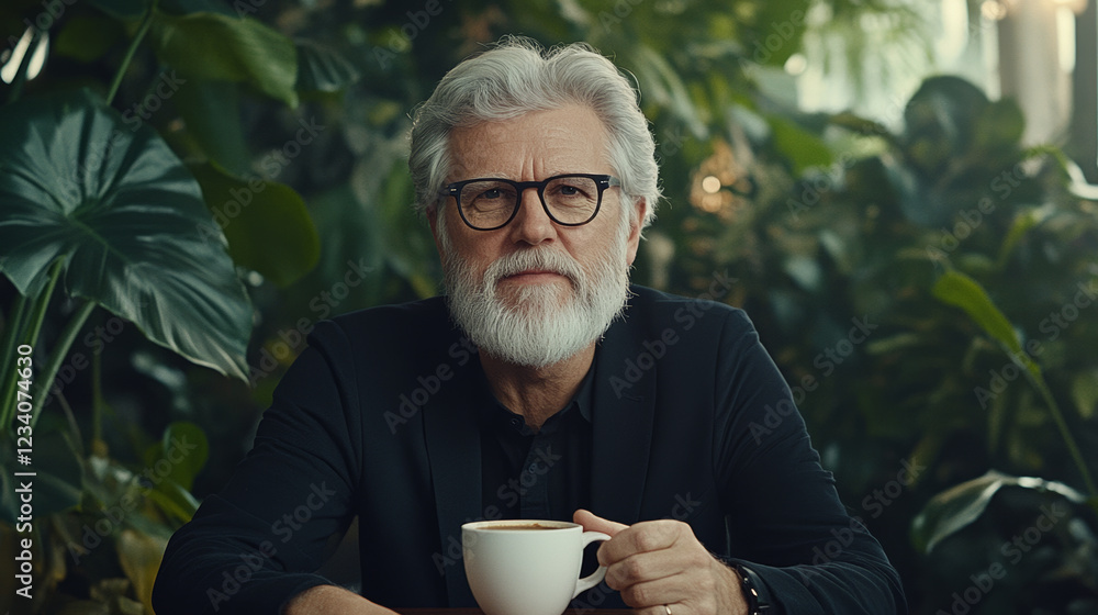 mature man with beard and glasses enjoys cup of coffee in lush green setting, surrounded by tropical plants, conveying sense of calm and reflection mature man with beard and glasses enjoys cup of coffee in lush green setting, surrounded by tropical plants, conveying sense of calm and reflection