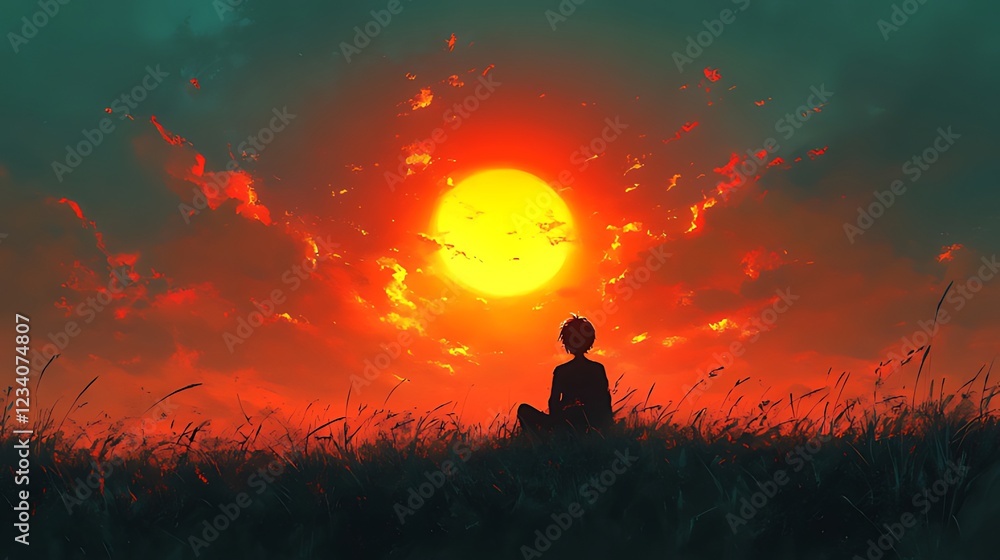 Fototapeta premium Sunset Silhouette Person meditating in tall grass, fiery sky, digital art, mood background