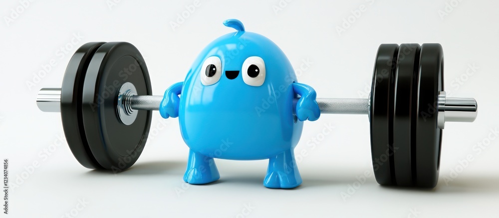 Bright blue figure interacting with a dumbbell rendered in 3D on a clean background. Bright blue figure interacting with a dumbbell rendered in 3D on a clean background.