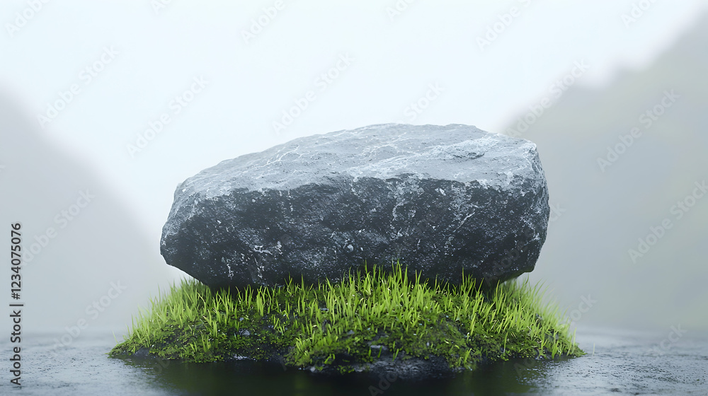 Single rock on grass, misty mountains, product display