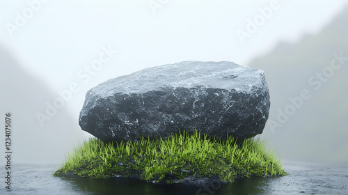 Obraz na płótnie Single rock on grass, misty mountains, product display w salonie