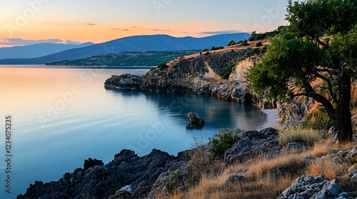 A quiet evening in Peloponnese, Greece, with warm light reflecting on the sea and hills, symbolizing Feierabend relaxation, isolated on a white background photo