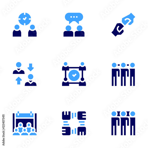Teamwork icon set. Bold style. Duotone colors. internal, effort, time management, meeting, partnership, together, interpersonal, network, joint effort
