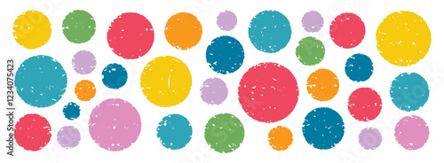 Colored circles wax pencils doodle drawing. Round chalk shapes. Pencils circles different colors
