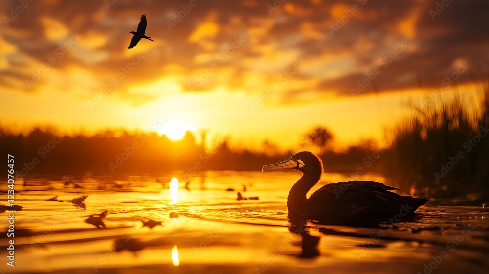 Fototapeta premium Bird Silhouette at Golden Hour Sunset