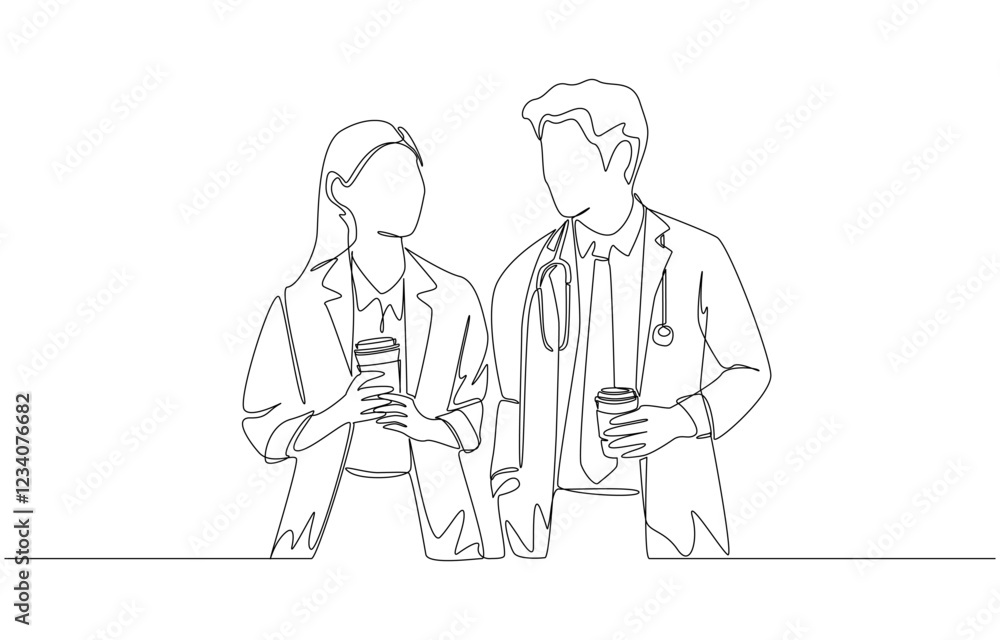 Continuous one line drawing of group of male and female doctors talking together while holding cup of coffee, medical team and coffee break concept, single line art Continuous one line drawing of group of male and female doctors talking together while holding cup of coffee, medical team and coffee break concept, single line art