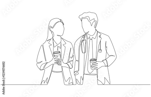 Continuous one line drawing of group of male and female doctors talking together while holding cup of coffee, medical team and coffee break concept, single line art